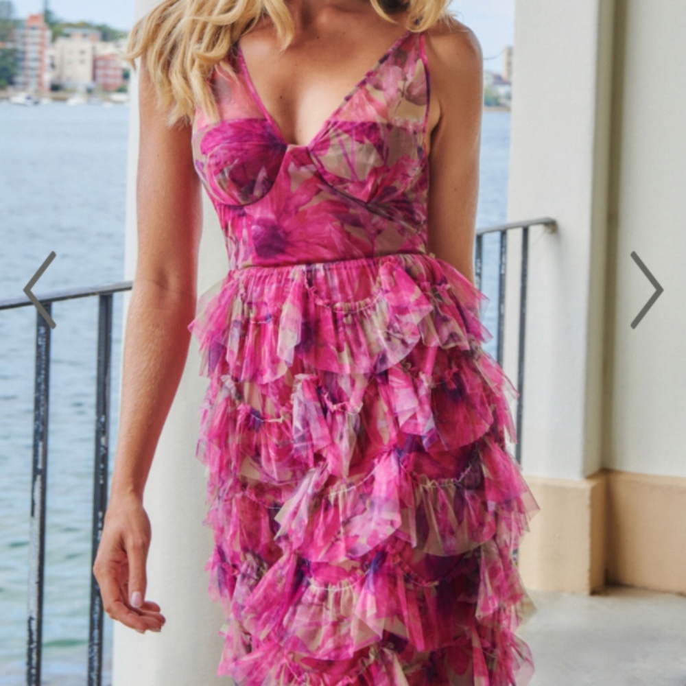 Amalie the Label - Josette Tulle Tiered Maxi Dress In Pink Floral